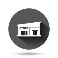 Mall icon in flat style. Store vector illustration on black round background with long shadow effect. Shop circle button business concept.