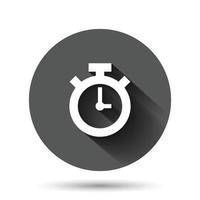 Clock icon in flat style. Watch vector illustration on black round background with long shadow effect. Timer circle button business concept.