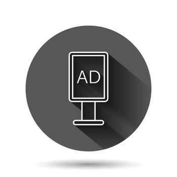 Billboard icon in flat style. Citylight display vector illustration on black round background with long shadow effect. Banner placard circle button business concept.