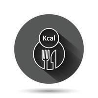 icono de kcal en estilo plano. Ilustración de vector de dieta sobre fondo redondo negro con efecto de sombra larga. Concepto de negocio de botón de círculo de calorías.