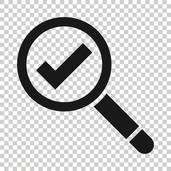 Check mark with magnifying glass icon in flat style. Loupe accept vector illustration on white isolated background. Search checklist business concept.