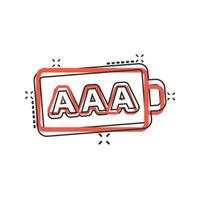 AAA battery icon in comic style. Power level cartoon vector illustration on white isolated background. Lithium accumulator splash effect business concept.