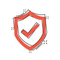 Shield with check mark icon in comic style. Protect cartoon vector illustration on white isolated background. Checkmark guard splash effect business concept.