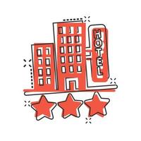 Hotel 3 stars sign icon in comic style. Inn building cartoon vector illustration on white isolated background. Hostel room splash effect business concept.