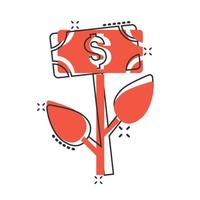 icono de beneficio de crecimiento en estilo cómico. flor con ilustración de vector de dibujos animados de dinero sobre fondo blanco aislado. aumentar el concepto de negocio de efecto de salpicadura.