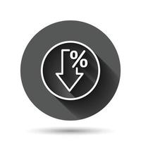 Decline arrow icon in flat style. Decrease vector illustration on black round background with long shadow effect. Revenue model circle button business concept.