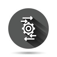 Process icon in flat style. Arrow and gear vector illustration on black round background with long shadow effect. Optimization circle button business concept.