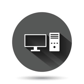 icono de computadora pc en estilo plano. ilustración vectorial de escritorio sobre fondo redondo negro con efecto de sombra larga. concepto de negocio de botón de círculo de monitor de dispositivo. vector