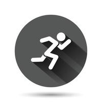 Run people icon in flat style. Jump vector illustration on black round background with long shadow effect. Fitness circle button business concept.