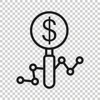 Magnifier glass with money icon in flat style. Dollar search vector illustration on white isolated background. Financial currency business concept.