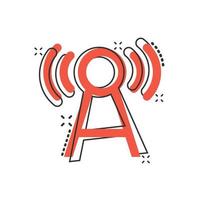 Antenna tower icon in comic style. Broadcasting cartoon vector illustration on white isolated background. Wifi splash effect business concept.