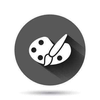 Paint brush icon in flat style. Palette vector illustration on black round background with long shadow effect. Painter instrument circle button business concept.
