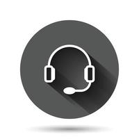 Helpdesk icon in flat style. Headphone vector illustration on black round background with long shadow effect. Chat operator circle button business concept.