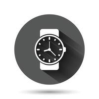 icono de reloj de pulsera en estilo plano. ilustración de vector de reloj de mano sobre fondo redondo negro con efecto de sombra larga. concepto de negocio de botón de círculo de pulsera de tiempo.