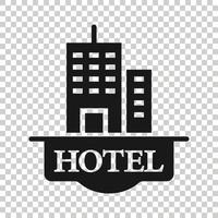 Hotel sign icon in flat style. Inn building vector illustration on white isolated background. Hostel room business concept.