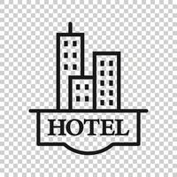 Hotel sign icon in flat style. Inn building vector illustration on white isolated background. Hostel room business concept.