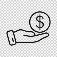 Remuneration icon in flat style. Money in hand vector illustration on white isolated background. Coin  payroll business concept.