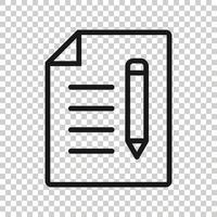 Document note with pen icon in flat style. Paper sheet pencil vector illustration on white background. Notepad document business concept.