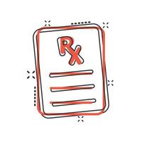 icono de prescripción en estilo cómico. ilustración de vector de dibujos animados de documento rx sobre fondo blanco aislado. concepto de negocio de efecto de salpicadura de papel.