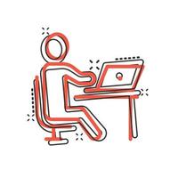 People with laptop computer icon in comic style. Pc user cartoon vector illustration on white isolated background. Office manager splash effect business concept.