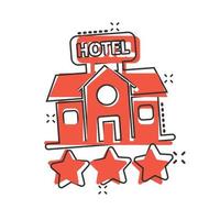 icono de signo de hotel 3 estrellas en estilo cómico. Posada edificio ilustración vectorial de dibujos animados sobre fondo blanco aislado. concepto de negocio de efecto de salpicadura de habitación de albergue. vector