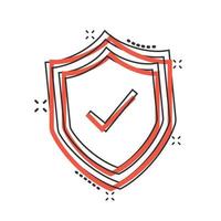 Shield with check mark icon in comic style. Protect cartoon vector illustration on white isolated background. Checkmark guard splash effect business concept.