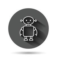 Cute robot chatbot icon in flat style. Bot operator vector illustration on black round background with long shadow effect. Smart chatbot character circle button business concept.