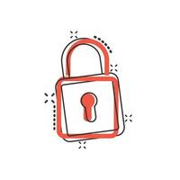 Padlock icon in comic style. Lock cartoon vector illustration on white isolated background. Private splash effect business concept.