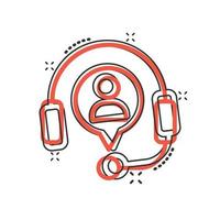 Helpdesk icon in comic style. Headphone cartoon vector illustration on white isolated background. Chat operator splash effect business concept.