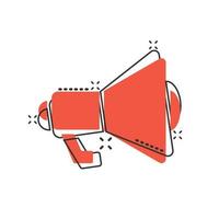 Megaphone speaker icon in comic style. Bullhorn cartoon sign vector illustration on white isolated background. Scream announcement splash effect business concept.