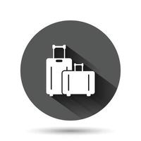 icono de bolsa de viaje en estilo plano. Ilustración de vector de equipaje sobre fondo redondo negro con efecto de sombra larga. concepto de negocio de botón de círculo de equipaje.