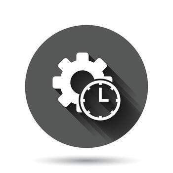 Improvement icon in flat style. Gear project vector illustration on black round background with long shadow effect. Productivity circle button business concept.