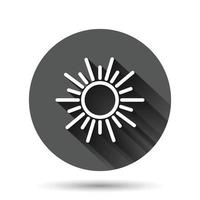 Sun icon in flat style. Sunlight sign vector illustration on black round background with long shadow effect. Daylight circle button business concept.