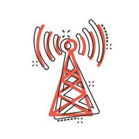 icono de torre de antena en estilo cómico. Ilustración de vector de dibujos animados de difusión sobre fondo blanco aislado. concepto de negocio de efecto de salpicadura wifi.