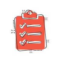 Document checklist icon in comic style. Report cartoon vector illustration on white isolated background. Paper sheet splash effect business concept.