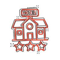 Hotel 3 stars sign icon in comic style. Inn building cartoon vector illustration on white isolated background. Hostel room splash effect business concept.