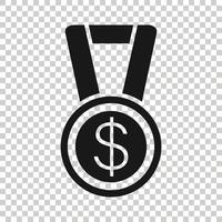 Medal with dollar icon in flat style. Money award trophy vector illustration on white isolated background. Banknote bill business concept.