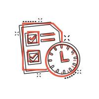 Contract time icon in comic style. Document with clock cartoon vector illustration on white background. Deadline splash effect business concept.