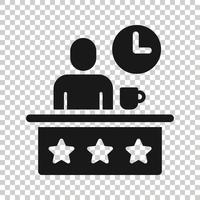 People with table and clock icon in flat style. Coworking space vector illustration on white isolated background. Hotel reception workplace business concept.