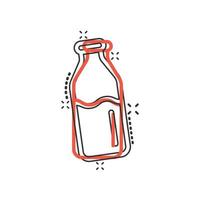 icono de botella de leche en estilo cómico. Ilustración de vector de dibujos animados de matraz sobre fondo blanco aislado. concepto de negocio de efecto de salpicadura de contenedor de bebida.