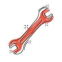 Wrench icon in comic style. Spanner key cartoon vector illustration on white isolated background. Repair equipment splash effect business concept.