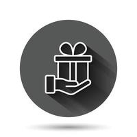 Gift box icon in flat style. Present on black round background with long shadow effect. Surprise circle button business concept. vector