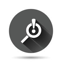 Risk analysis icon in flat style. Exclamation magnifier vector illustration on black round background with long shadow effect. Attention circle button business concept.