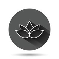 Lotus icon in flat style. Flower leaf vector illustration on black round background with long shadow effect. Blossom plant circle button business concept.