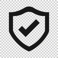 Shield with check mark icon in flat style. Protect vector illustration on white isolated background. Checkmark guard business concept.