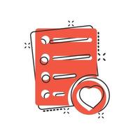 Wishlist icon in comic style. Like document cartoon vector illustration on white isolated background. Favorite list splash effect business concept.