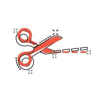 Scissor with cutting line icon in comic style. Cut equipment cartoon vector illustration on white isolated background. Cutter splash effect business concept.