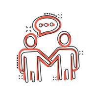 Greetings gesture icon in comic style. People handshake cartoon vector illustration on white isolated background. Hand shake splash effect business concept.