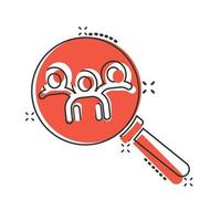 Search job vacancy icon in comic style. Loupe career cartoon vector illustration on white isolated background. Find people employer splash effect business concept.