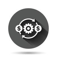 Money optimization icon in flat style. Gear effective vector illustration on black round background with long shadow effect. Finance process circle button business concept.